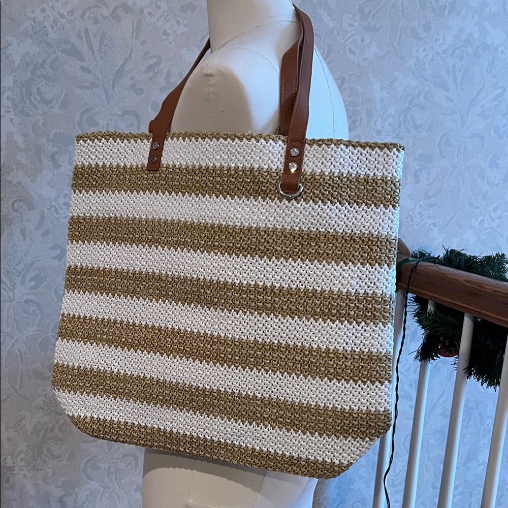 Jewell by Thirty One Striped Tan and White Tote Bag
